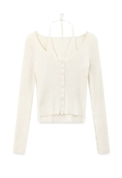 Ribbed Knit Halter Neck Button Front Cardigan