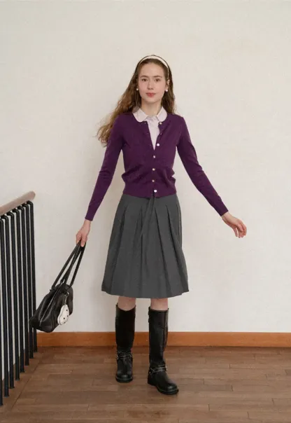 Cropped Cardigan with Collar Detail Woolen Knit Sweater
