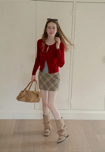Cropped Cardigan with Collar Detail Woolen Knit Sweater
