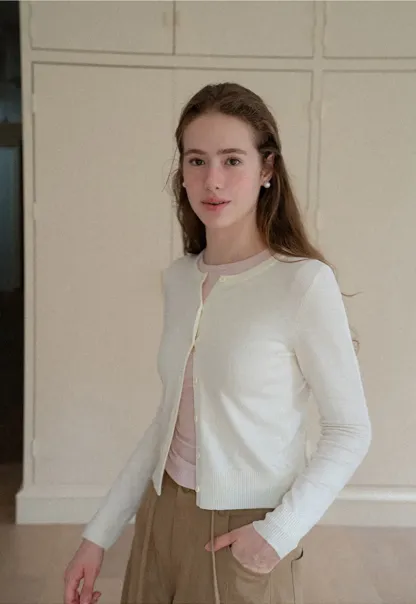 Cropped Cardigan with Collar Detail Woolen Knit Sweater