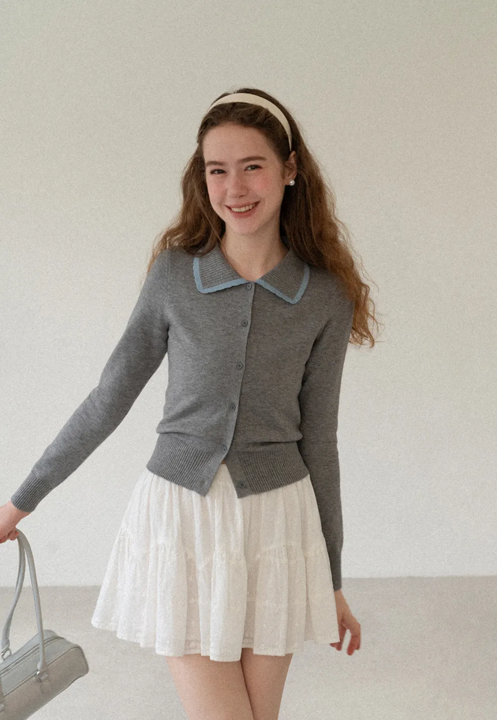 Contrast Trim Collar Cardigan Woolen Knit Sweater