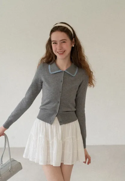 Contrast Trim Collar Cardigan Woolen Knit Sweater