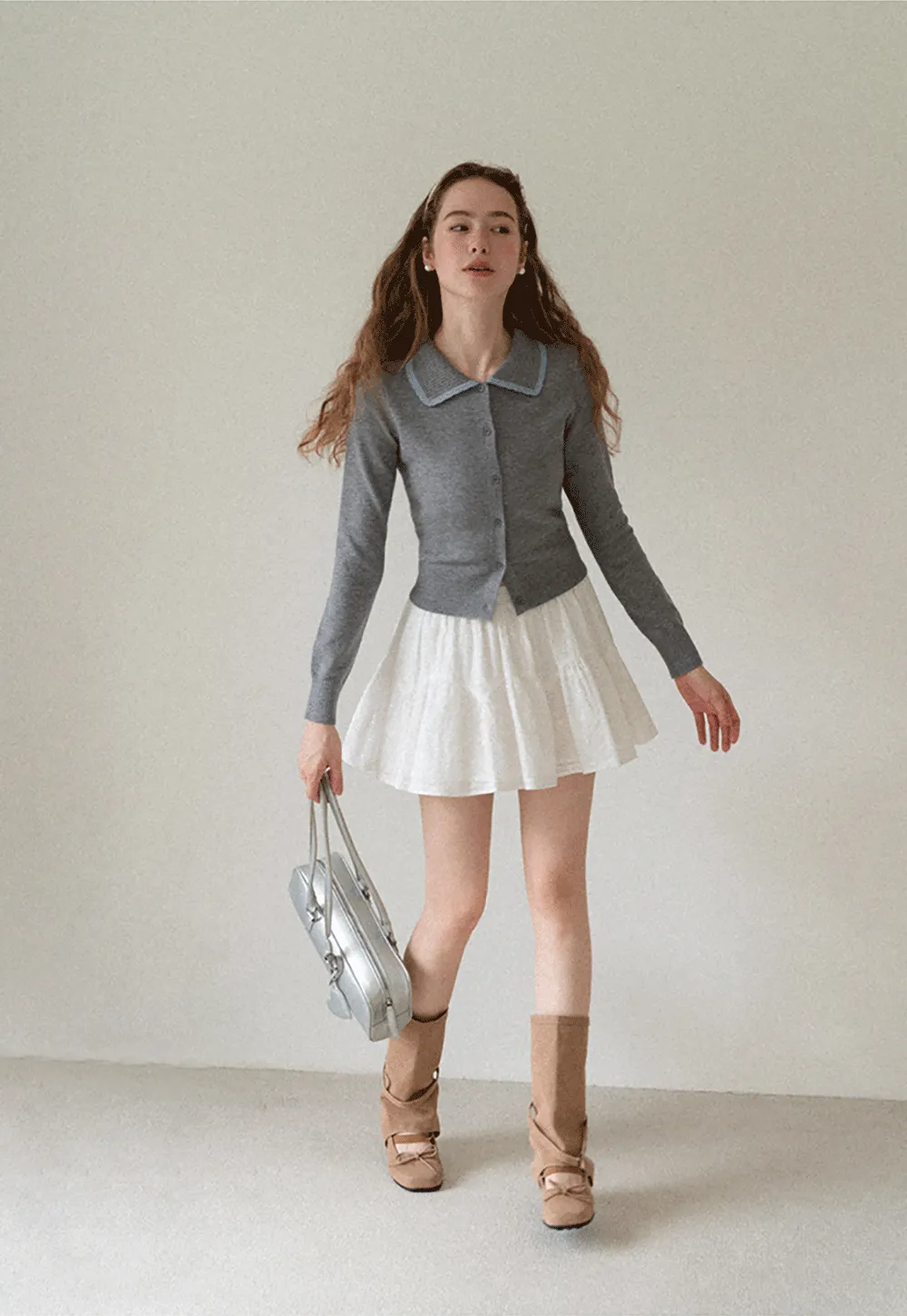 Contrast Trim Collar Cardigan Woolen Knit Sweater