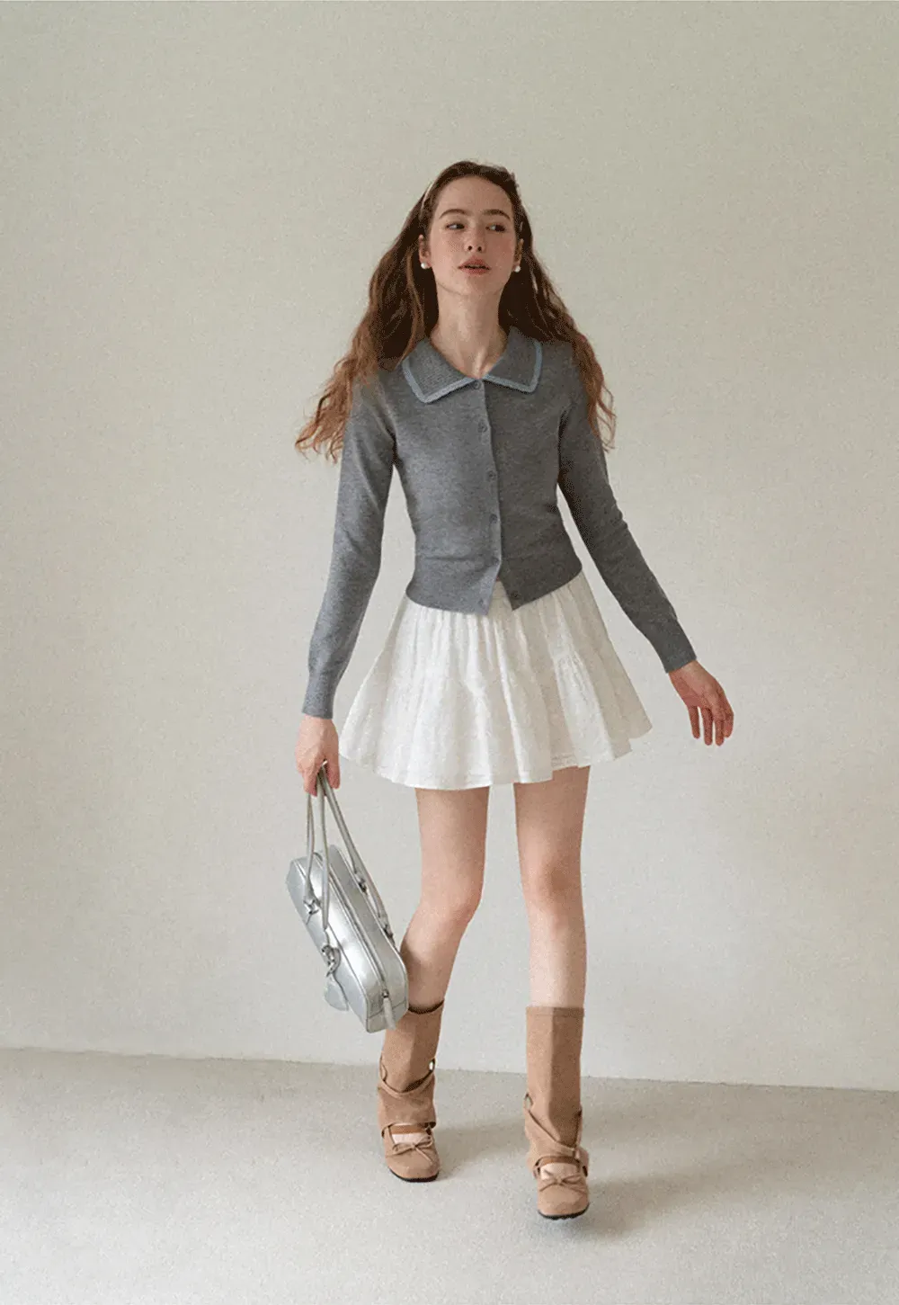 Contrast Trim Collar Cardigan Woolen Knit Sweater