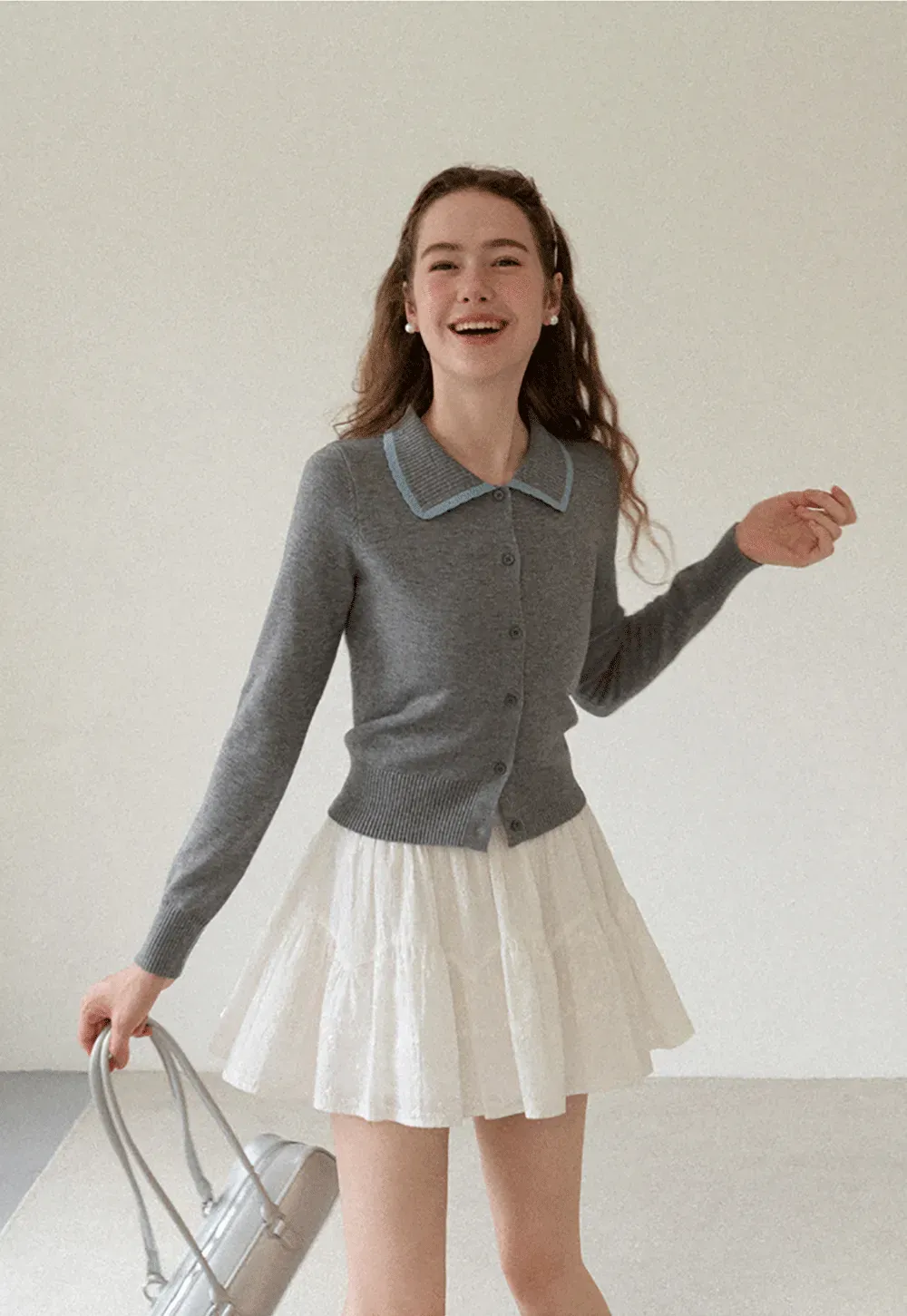 Contrast Trim Collar Cardigan Woolen Knit Sweater