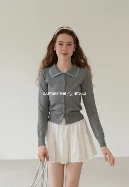 Contrast Trim Collar Cardigan Woolen Knit Sweater
