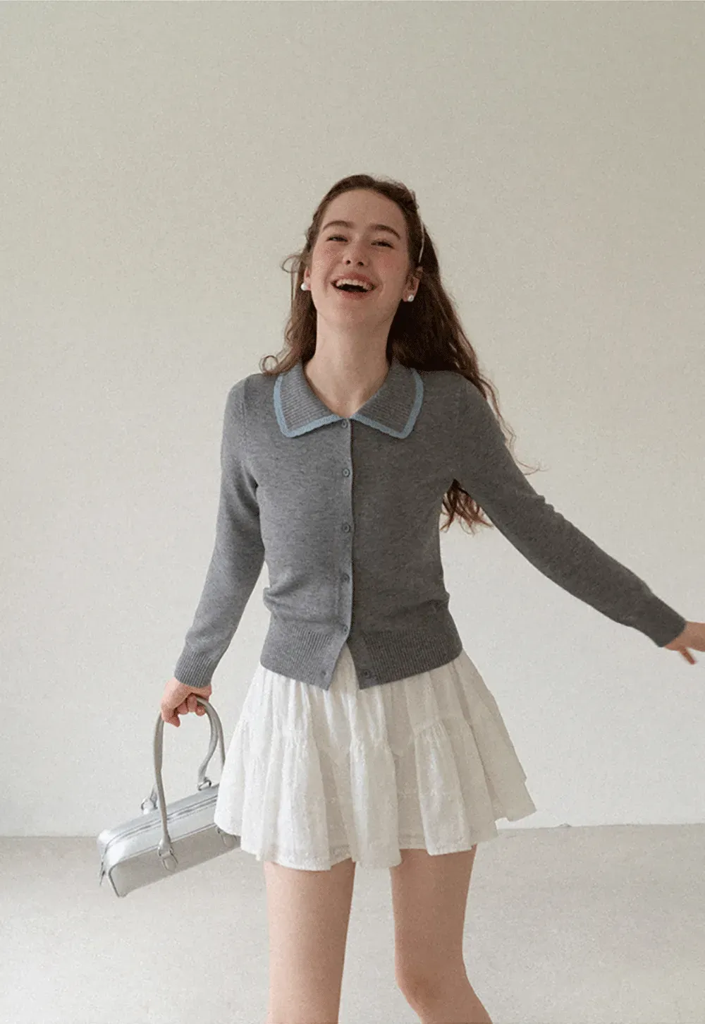 Contrast Trim Collar Cardigan Woolen Knit Sweater