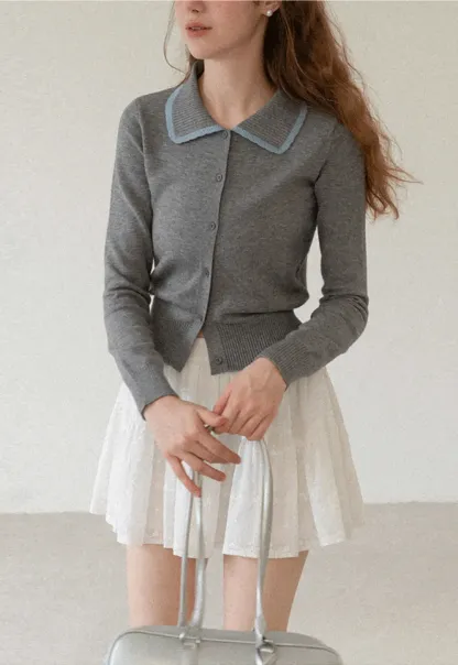 Contrast Trim Collar Cardigan Woolen Knit Sweater