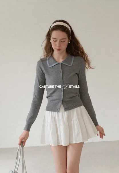 Contrast Trim Collar Cardigan Woolen Knit Sweater
