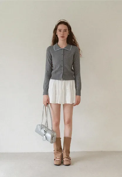 Contrast Trim Collar Cardigan Woolen Knit Sweater
