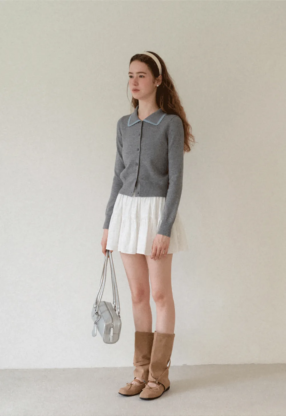 Contrast Trim Collar Cardigan Woolen Knit Sweater