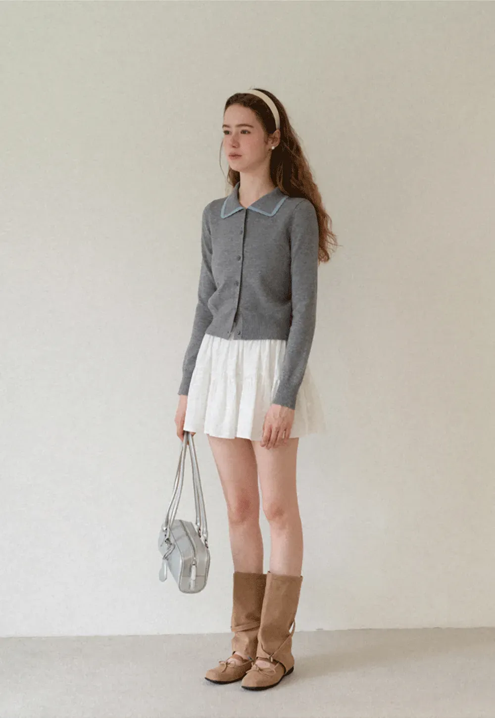 Contrast Trim Collar Cardigan Woolen Knit Sweater