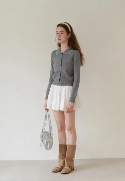 Contrast Trim Collar Cardigan Woolen Knit Sweater