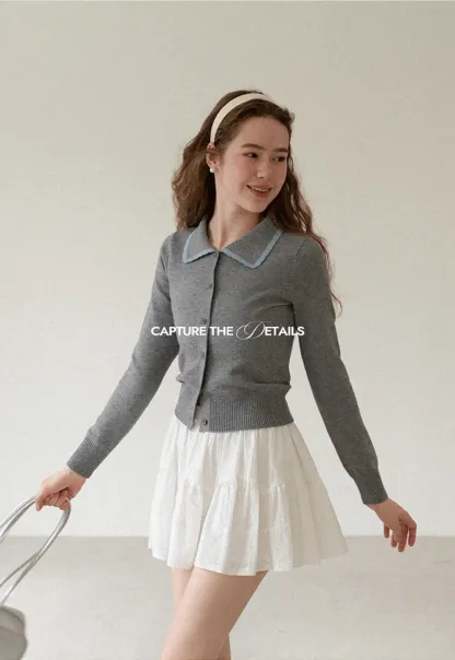 Contrast Trim Collar Cardigan Woolen Knit Sweater