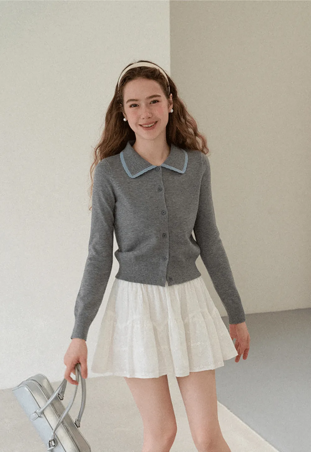 Contrast Trim Collar Cardigan Woolen Knit Sweater