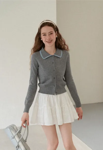 Contrast Trim Collar Cardigan Woolen Knit Sweater