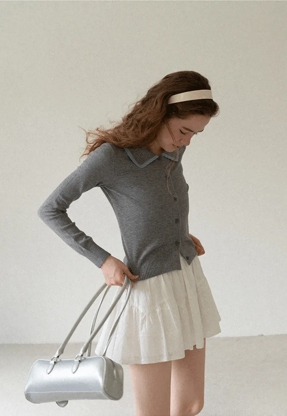 Contrast Trim Collar Cardigan Woolen Knit Sweater