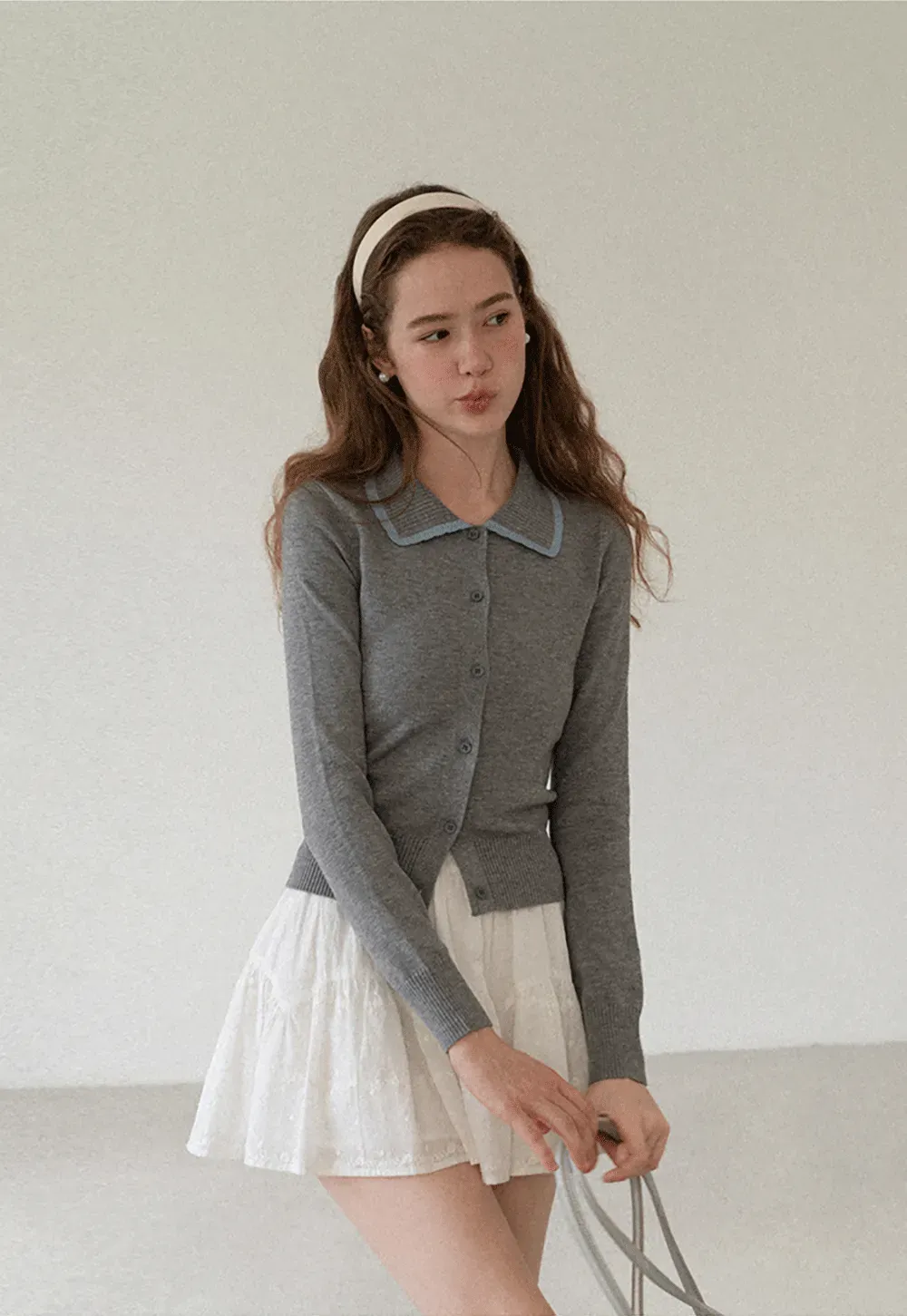Contrast Trim Collar Cardigan Woolen Knit Sweater