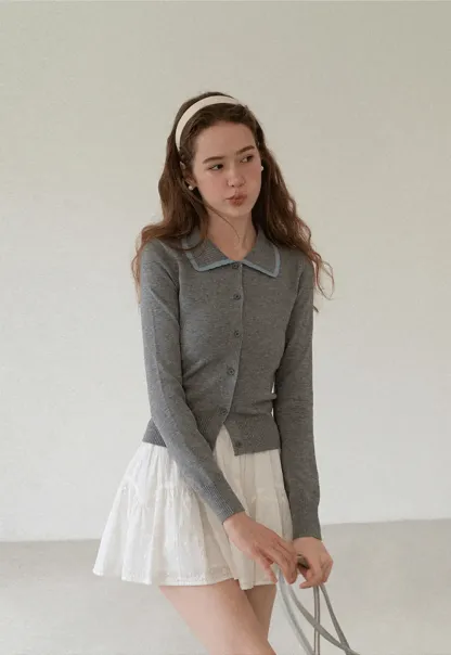 Contrast Trim Collar Cardigan Woolen Knit Sweater