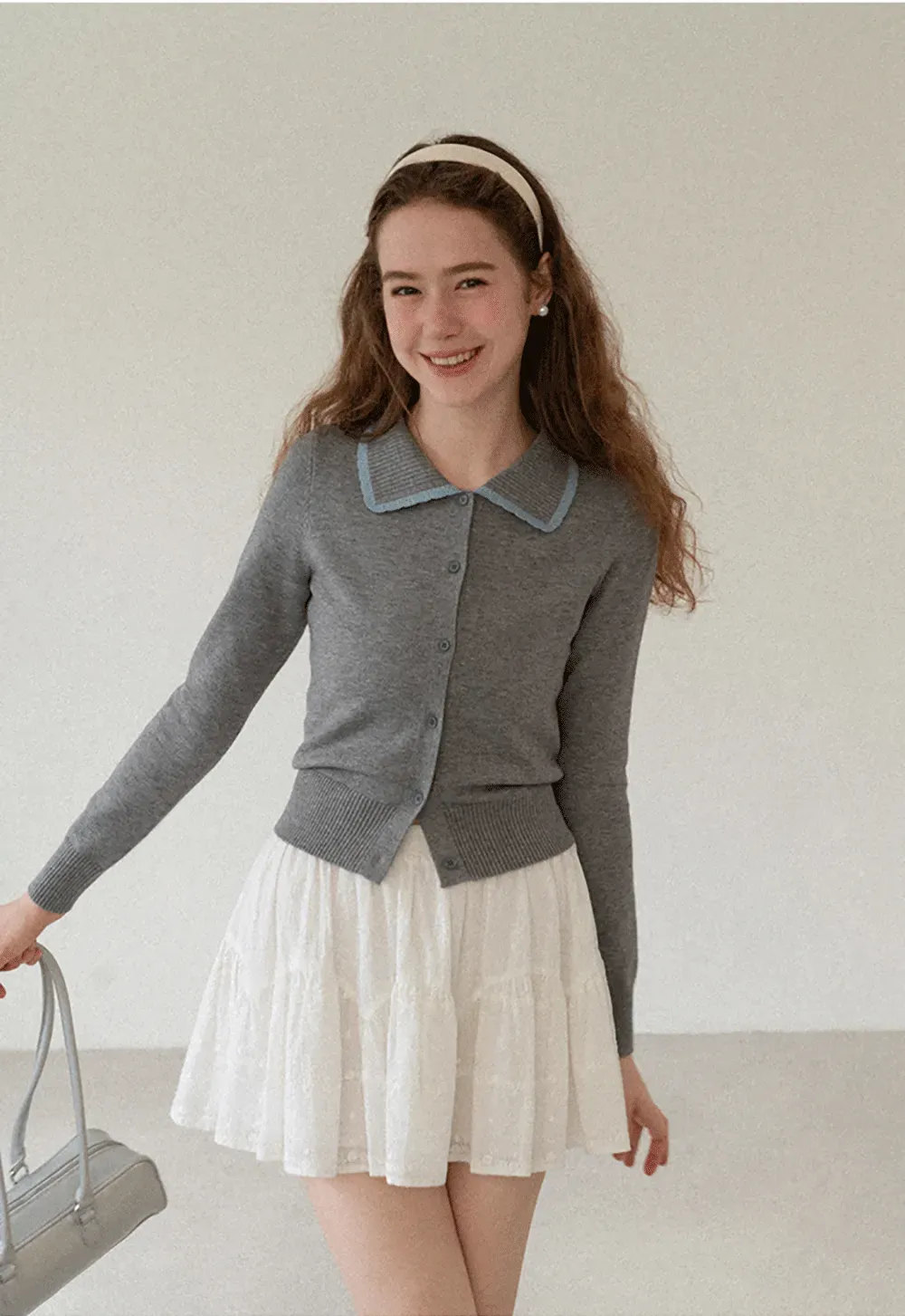 Contrast Trim Collar Cardigan Woolen Knit Sweater