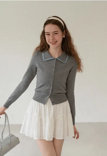 Contrast Trim Collar Cardigan Woolen Knit Sweater