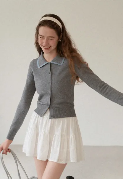 Contrast Trim Collar Cardigan Woolen Knit Sweater