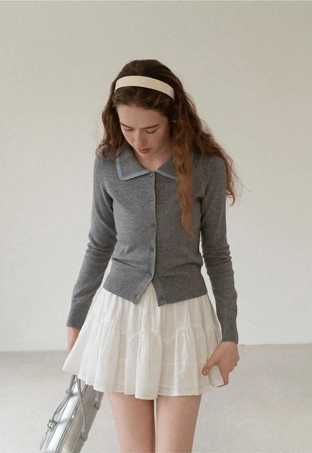 Contrast Trim Collar Cardigan Woolen Knit Sweater