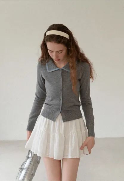 Contrast Trim Collar Cardigan Woolen Knit Sweater