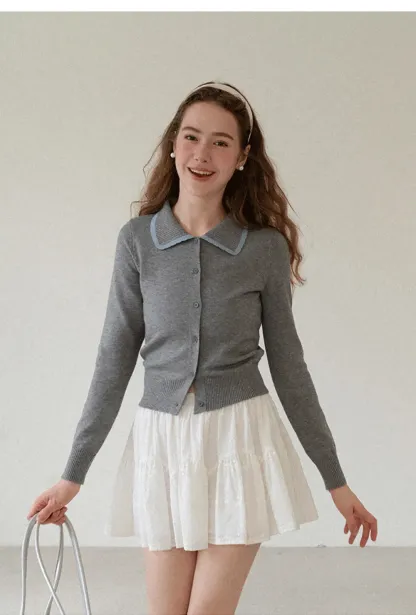 Contrast Trim Collar Cardigan Woolen Knit Sweater