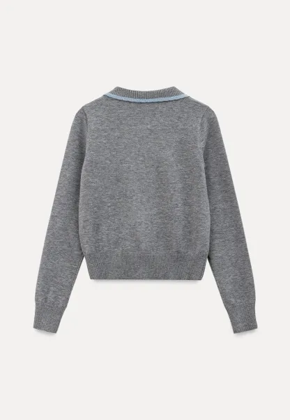 Contrast Trim Collar Cardigan Woolen Knit Sweater