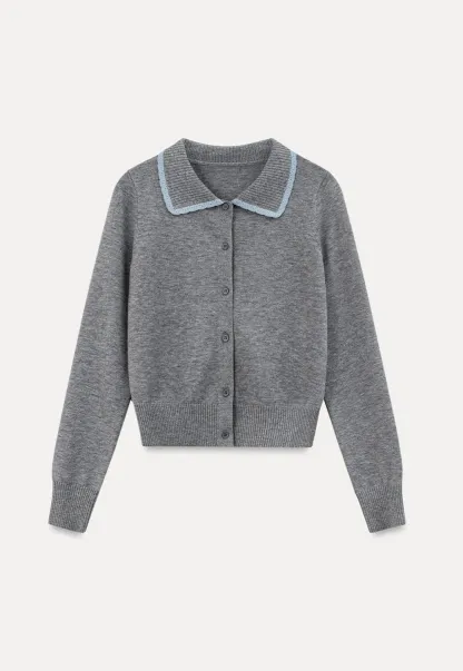 Contrast Trim Collar Cardigan Woolen Knit Sweater