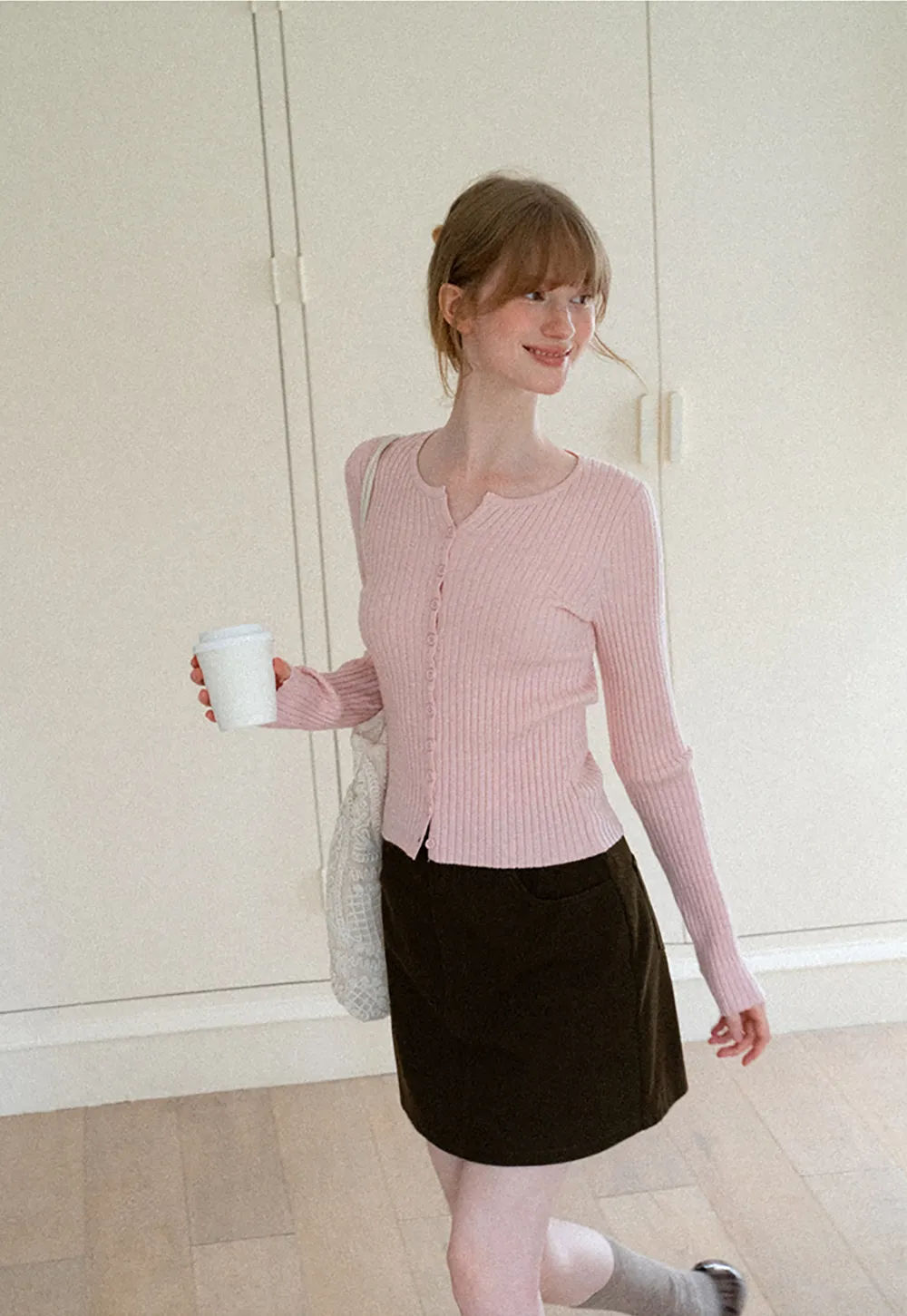 Ribbed Knit Cardigan with Button Front and Long Sleeves