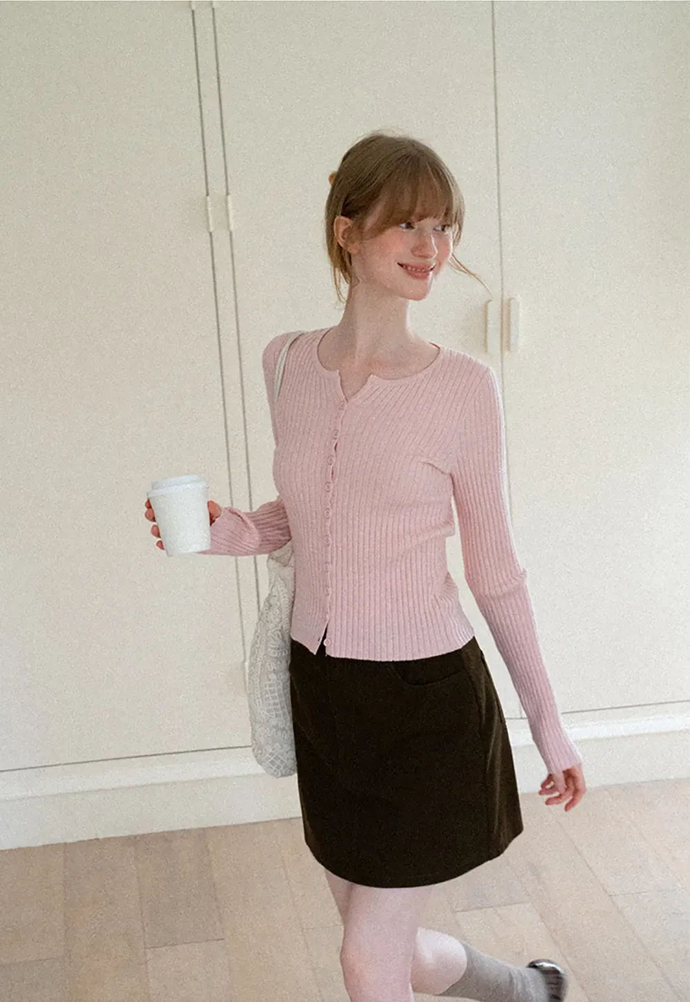Ribbed Knit Cardigan with Button Front and Long Sleeves
