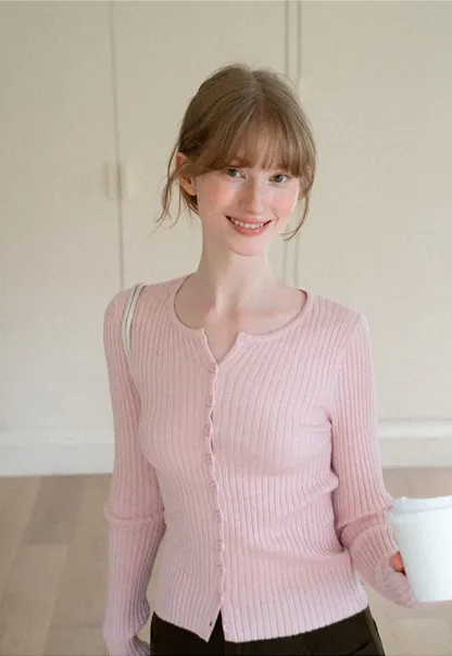 Ribbed Knit Cardigan with Button Front and Long Sleeves