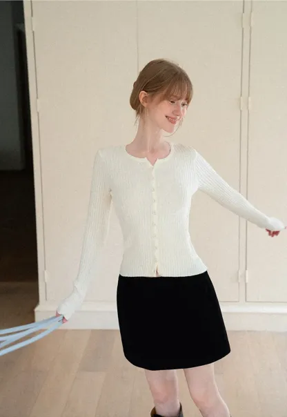 Ribbed Knit Cardigan with Button Front and Long Sleeves