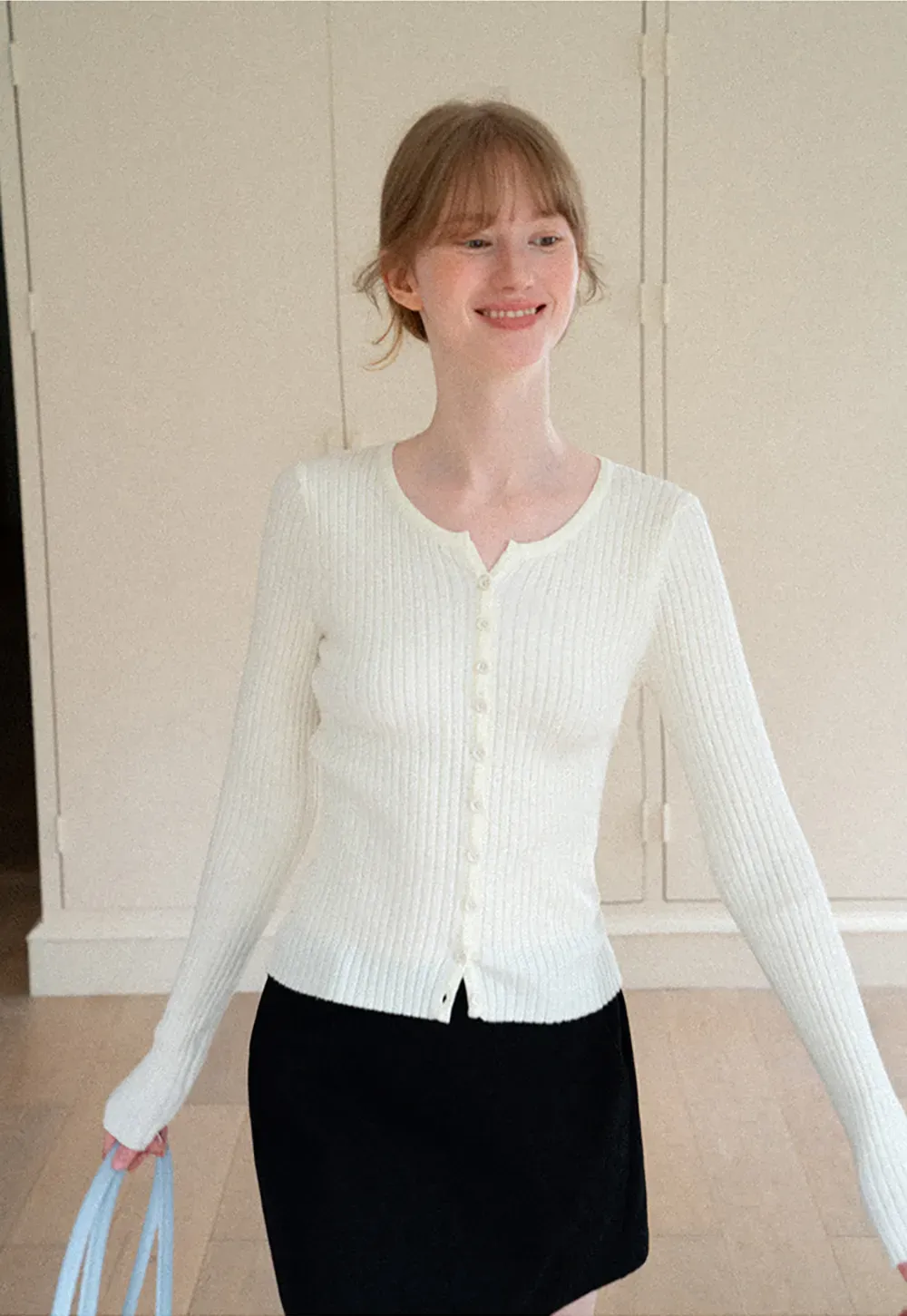 Ribbed Knit Cardigan with Button Front and Long Sleeves