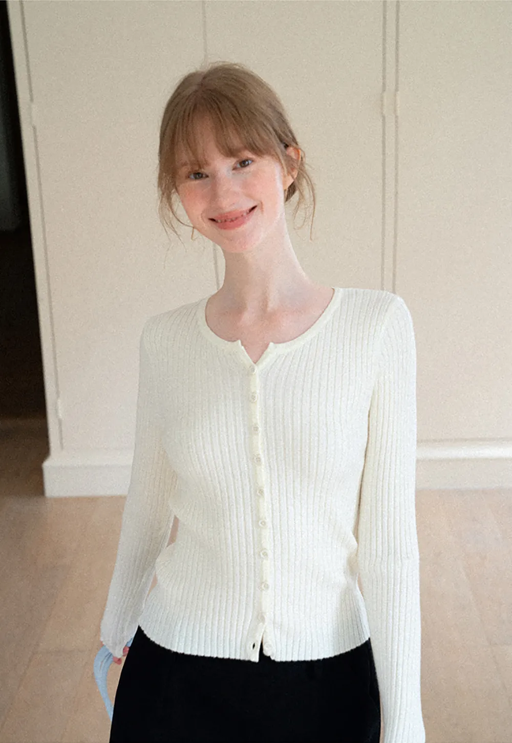 Ribbed Knit Cardigan with Button Front and Long Sleeves