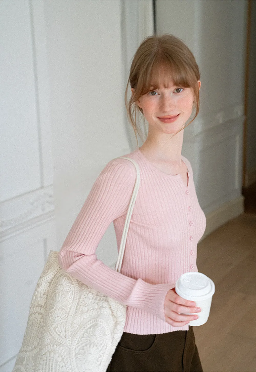 Ribbed Knit Cardigan with Button Front and Long Sleeves