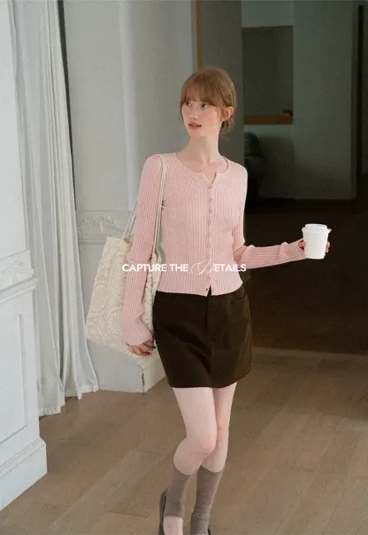 Ribbed Knit Cardigan with Button Front and Long Sleeves