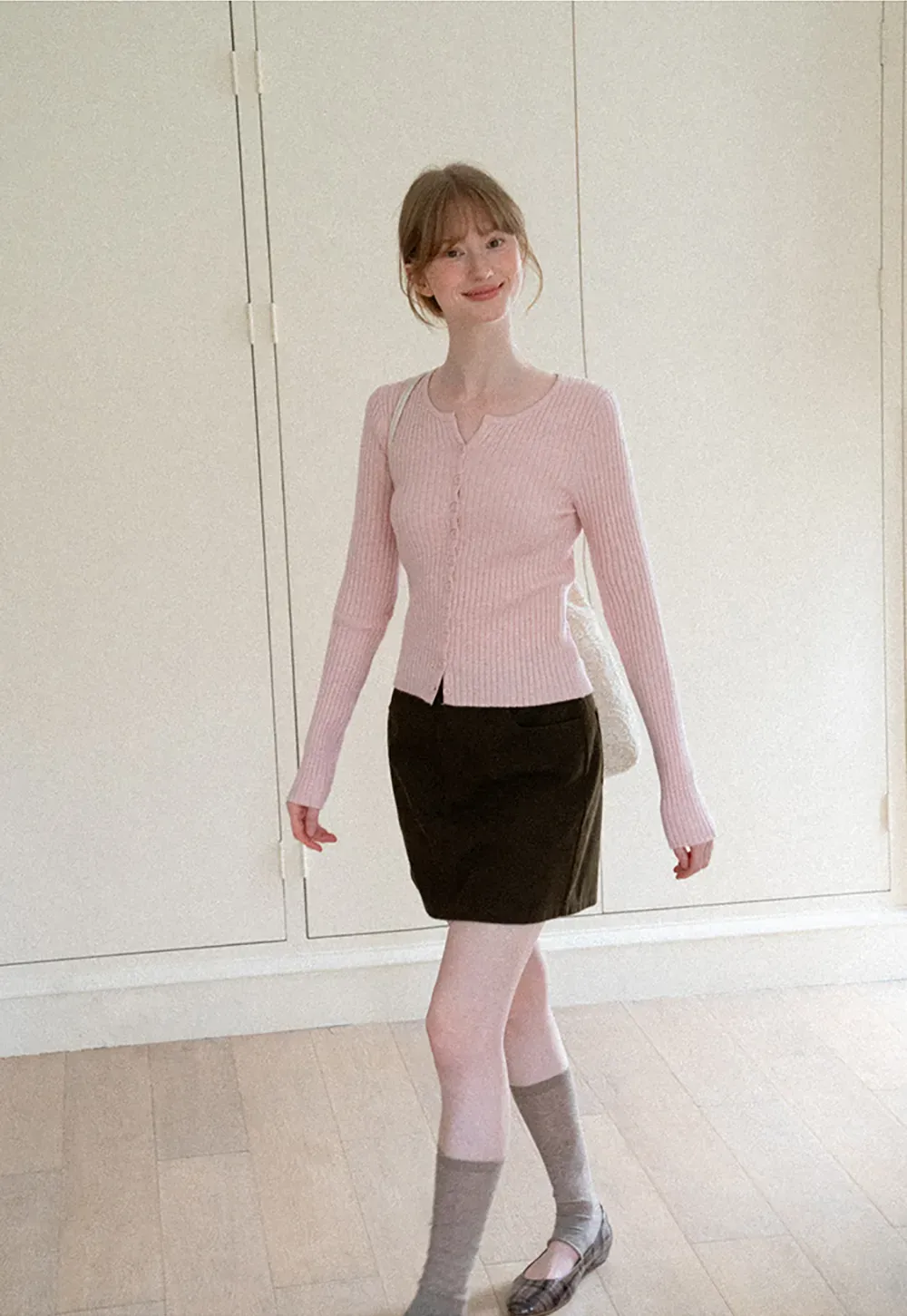 Ribbed Knit Cardigan with Button Front and Long Sleeves