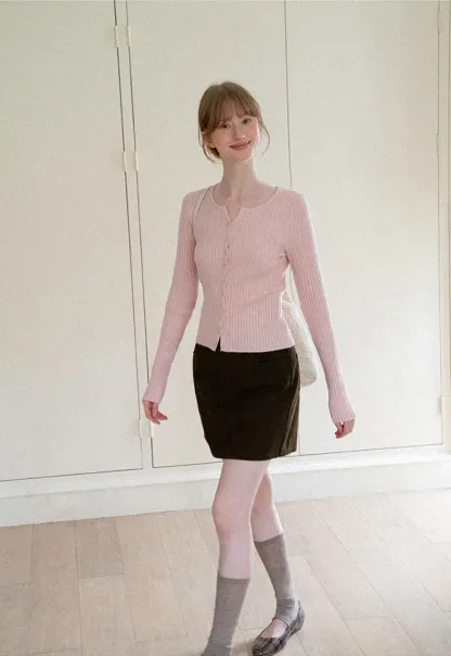 Ribbed Knit Cardigan with Button Front and Long Sleeves