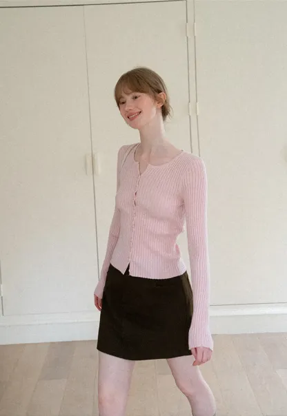 Ribbed Knit Cardigan with Button Front and Long Sleeves