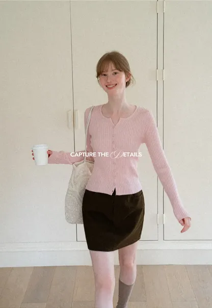 Ribbed Knit Cardigan with Button Front and Long Sleeves