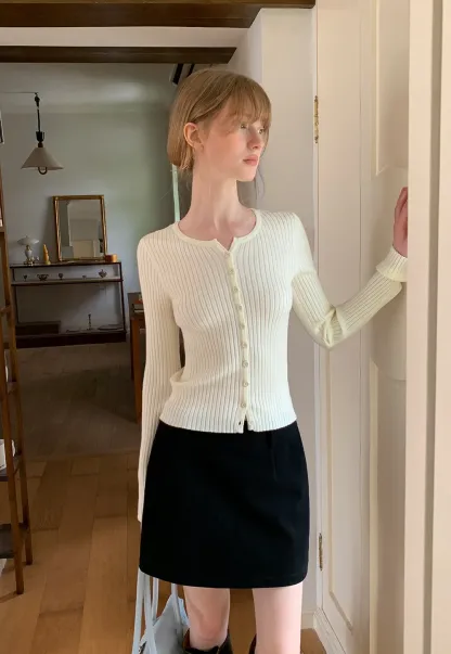 Ribbed Knit Cardigan with Button Front and Long Sleeves