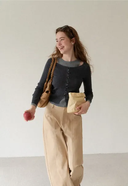 Cutout Shoulder Button Front Knit Sweater