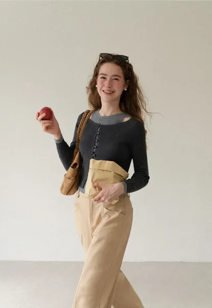 Cutout Shoulder Button Front Knit Sweater