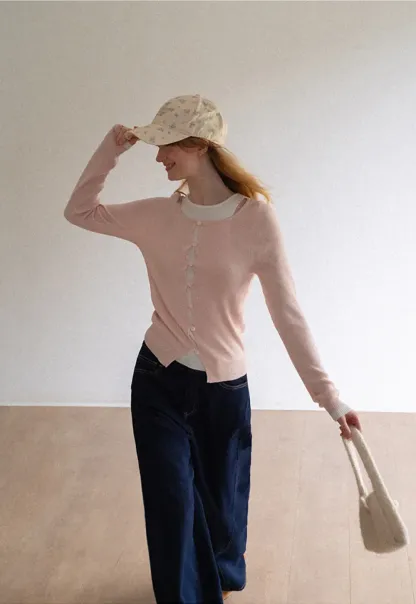 Cutout Shoulder Button Front Knit Sweater