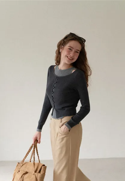 Cutout Shoulder Button Front Knit Sweater