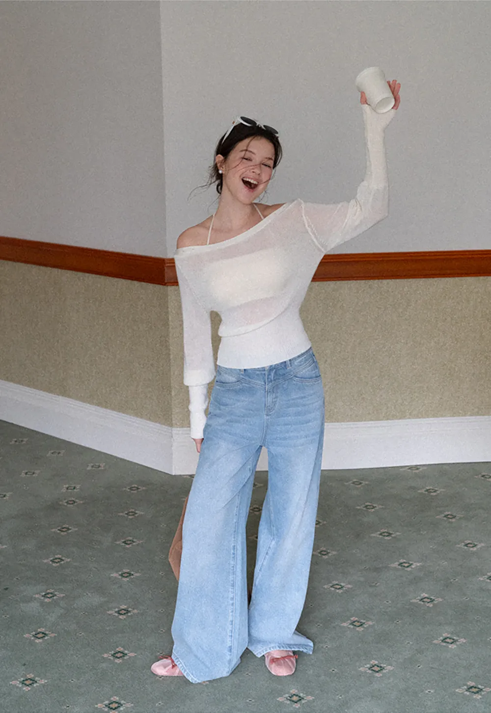 Sheer Mesh Overlay Ribbed Knit Sweater