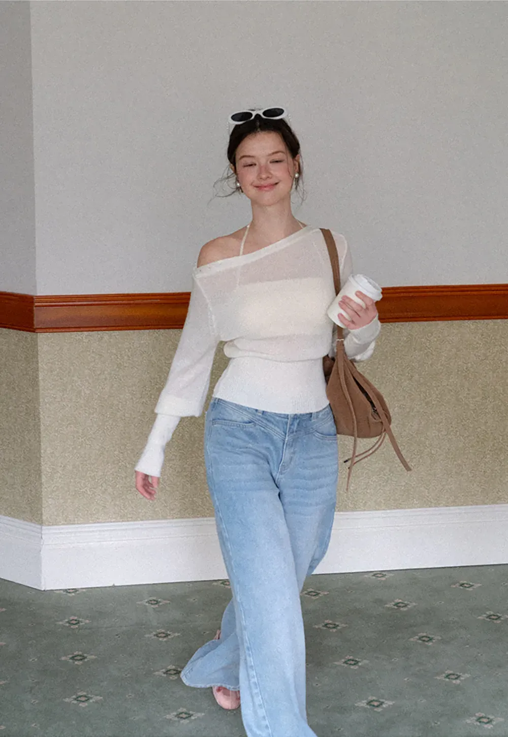 Sheer Mesh Overlay Ribbed Knit Sweater